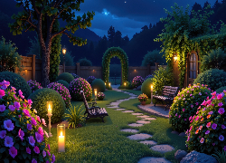 Ogród, Noc, Krzewy, Ławki, Świece, Ścieżka
