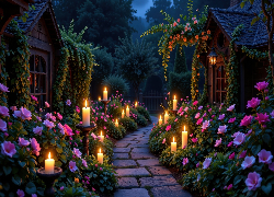 Ogród, Dwa, Domy, Różowe, Kwiaty, Świece, AI