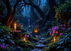 Las, Różowe, Kwiaty, Rośliny, Kamienie, Drzewa, Świece, Grafika, Al