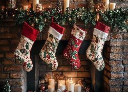 Boże Narodzenie, Dekoracja, Gałązki, Cztery, Skarpety, Kominek, Cegła, Świece