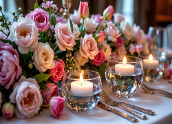 Kwiaty, Róże, Świece, Sztućce, Stół