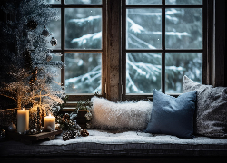 Boże Narodzenie, Okno, Drzewa, Śnieg, Poduszki, Świeczki, Szyszki, Bombki, Parapet
