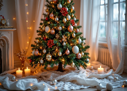 Boże Narodzenie, Choinka, Okno, Firanka, Kominek, Świece