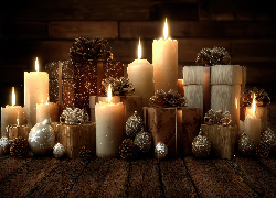 Boże Narodzenie, Świece, Prezenty, Szyszki, Bombki, Deski