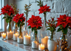 Kwiaty, Gwiazda betlejemska, Świece, Naczynia, Szklane, AI