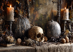 Czaszki, Stare, Dynie, Świece, Halloween, Grafika AI