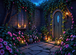 Ogród, Taras, Kwiaty, Bluszcz, Drzwi, Świece