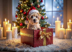 Pies, Szczeniak, Boże Narodzenie, Prezent, Świece, Choinka, Grafika AI