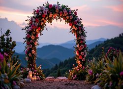 Łuk, Kwiaty, Róże, Świece, Zmierzch, Góry