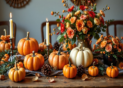 Żółte, Białe, Dynie, Bukiet, Kwiaty, Świece, Szyszki