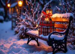 Zima, Ośnieżona, Ławka, Prezenty, Latarnie, Krzewy, Śnieg