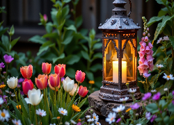 Ogród, Lampion, Kamień, Kwiaty, Tulipany, Naparstnica, Stokrotki, AI