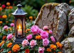 Lampion, Kwiaty, Róże, Aksamitki, Kamień