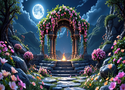 Budowla, Łuk, Noc, Księżyc, Schody, Różowe, Kwiaty, Kamienista, Droga, Grafika