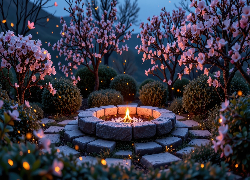 Park, Drzewa, Różowe, Kwiaty, Betonowy, Krąg, Ogień, Grafika, AI