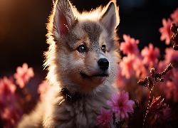 Pies, Szczeniak, Spojrzenie, Kwiaty