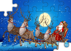 Mikołaj, Sanie, Renifery, Śnieg, Grafika 2D