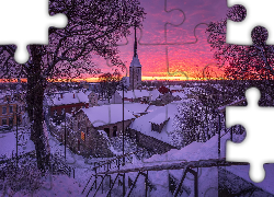Zima, Domy, Kościół, Drzewa, Zachód słońca, Miasto Rakvere, Estonia