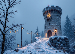 Zima, Wieża, Schody, Śnieg