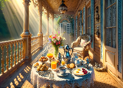 Dom, Taras, Stół, Fotel, Przebijające światło, Grafika AI