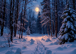 Zima, Las, Drzewa, Ścieżka, Księżyc, Noc, Grafika