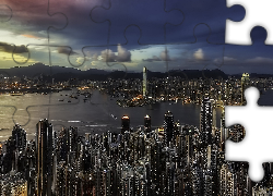 Chiny, Hongkong, Wzgórze Wiktorii, Zatoka Wiktorii, Port Wiktorii, Drapacze chmur, Miasto nocą