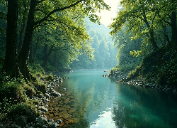 Rzeka, Las, Zielone, Drzewa, Kamienie, AI