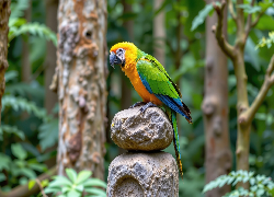 Zielono-żółta, Papuga, Ara, Dwa, Kamienie, Las