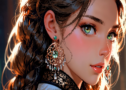 Dziewczyna, Zielonooka, Kolczyki, Grafika AI