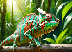 Zielony, Kameleon, Liście