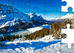 Zima, Jezioro Peyto Lake, Park Narodowy Banff, Góry Canadian Rockies, Lasy, Drzewa, Kanada