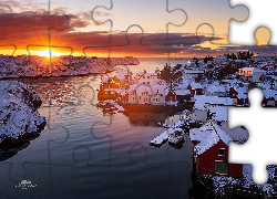Norwegia, Wioska Nautnes, Zima, Zachód słońca