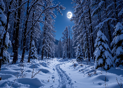 Zima, Droga, Ośnieżone, Drzewa, Noc, Księżyc, Grafika AI