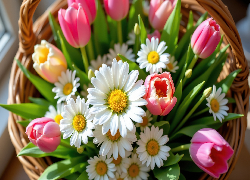Kwiaty, Tulipany, Złocienie, Wiklinowy, Koszyk