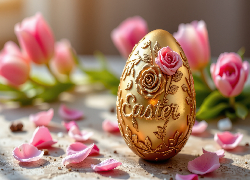 Wielkanoc, Złota, Pisanka, Napis, Easter, Róża, Płatki