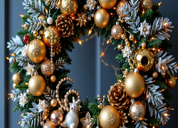 Boże Narodzenie, Wianek, Bombki, Szyszki, Ozdoby, Dekoracja, Grafika AI