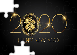 Nowy Rok, 2020, Złote, Cyfry, Śnieżynki, Napis, Happy New Year