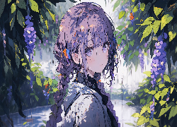 Dziewczyna, Kwiaty, Ogród, Deszcz, Anime