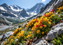 Góry, Śnieg, Kwiaty, Żółte, Czerwone, Kamienie, Grafika AI