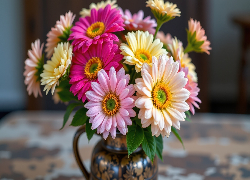 Kwiaty, Żółte, Różowe, Gerbery, Dzbanek