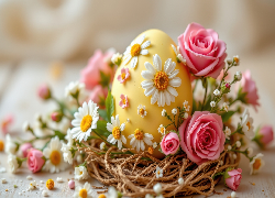 Wielkanoc, Jajko, Żółte, Stokrotki, Róże, Gniazdko