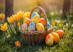 Wielkanoc, Koszyk, Kolorowe, Pisanki, Trawa, Kwiaty, Krokusy