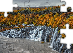 Jesień, Żółte, Krzewy, Skały, Wodospad Hraunfossar, Islandia