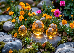 Żółte, Różowe, Kwiaty, Kamienie, Żółte, Kule, Rośliny