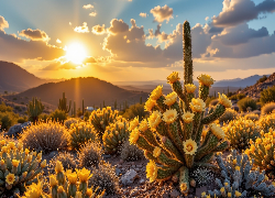 Kwitnące, Kaktusy, Żółte, Kwiaty, Słońce, Góry, Kępki, Roślin
