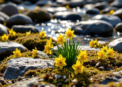Kwiaty, Żółte, Narcyzy żonkile, Kamienie, Mech, Woda