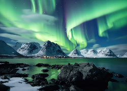 Zorza polarna, Morze, Góry, Skały