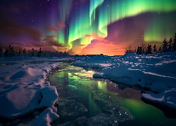 Zima, Rzeka, Zorza polarna, Grafika AI