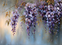 Glicynia, Wisteria, Fioletowe, Kwiaty, Grafika AI