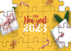 Nowy Rok, 2023, Prezenty, Lizaki, Gałązki, Życzenia, Happy New Year, Żółte, Tło 2D